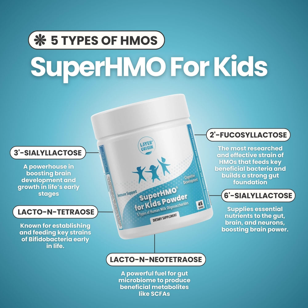 Layer Origin SuperHMO kids stirring into smoothie for convenient daily snack.