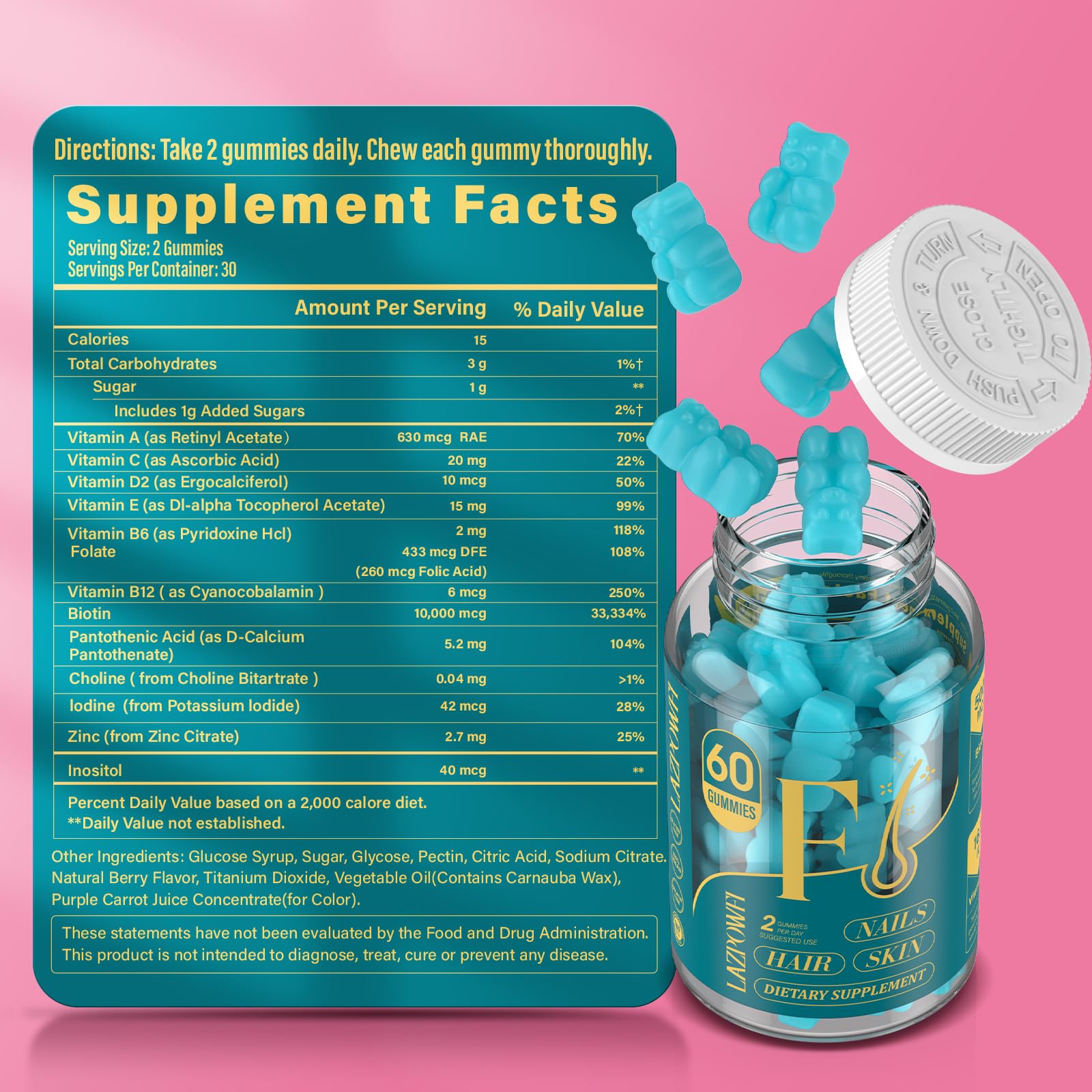 Lazpowfi bottle pouring gummies into hand for easy daily use