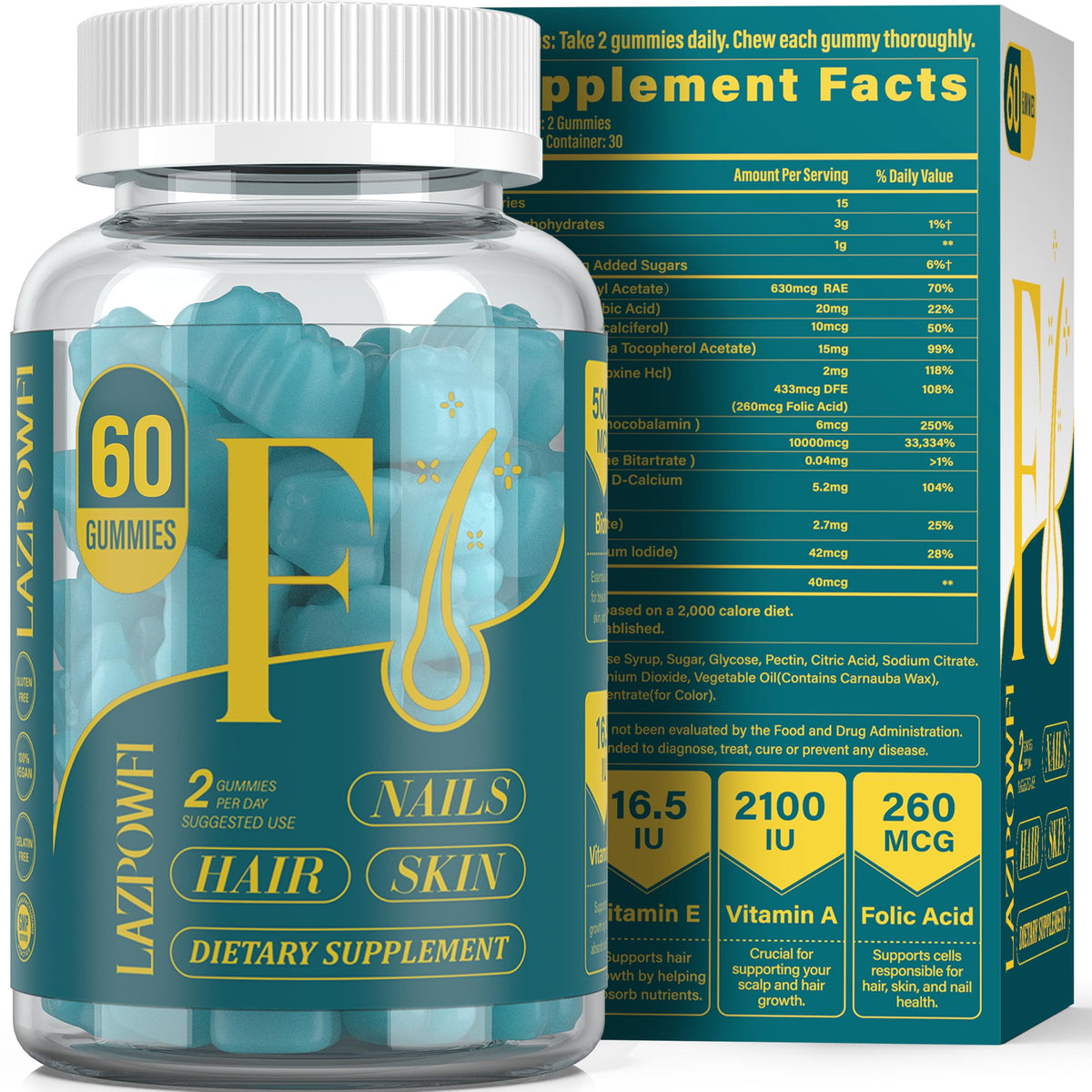 Lazpowfi Biotin Gummies bottle front shows vegan hair skin nails formula