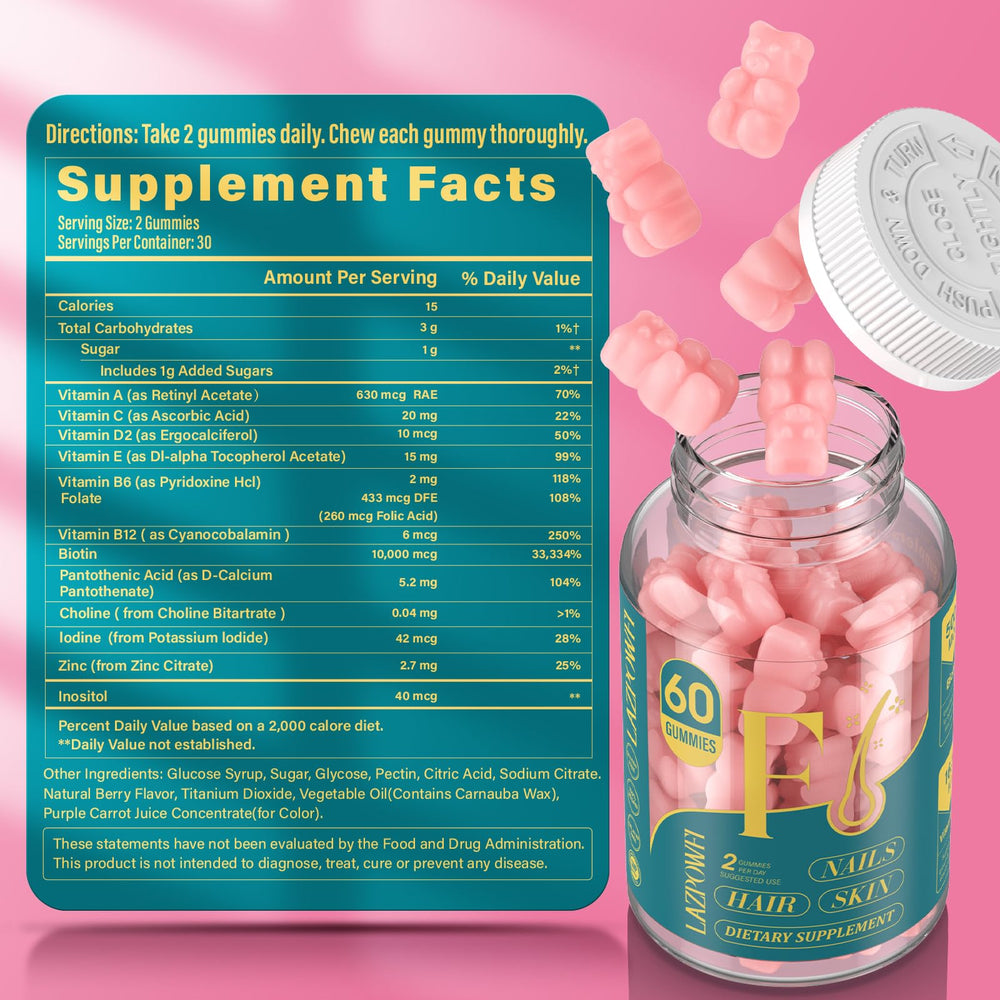 Lazpowfi Biotin Gummies compact bottle designed for hair, skin, and nails care.