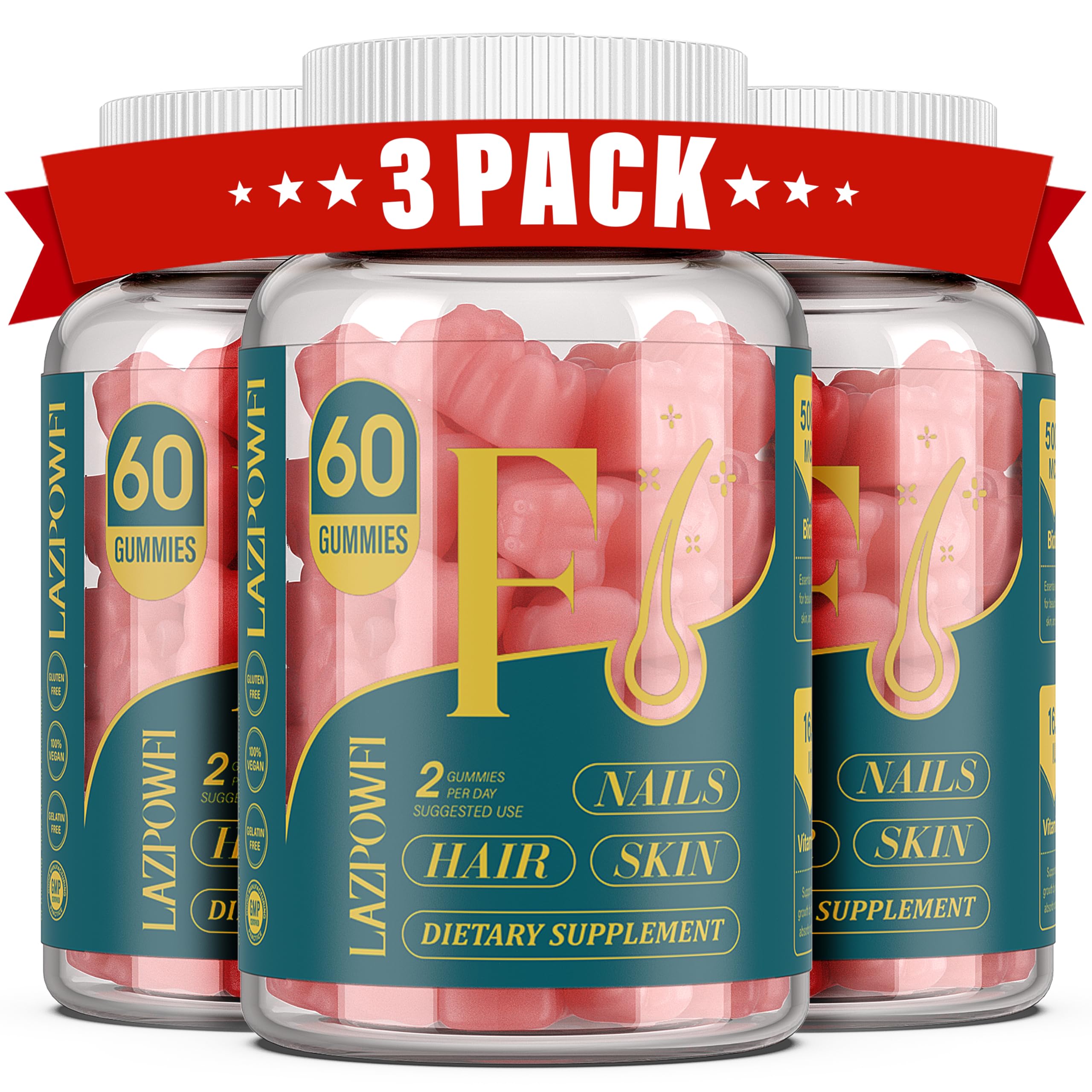 Lazpowfi Biotin Gummies packaging highlights vegan beauty nutrition for daily use.