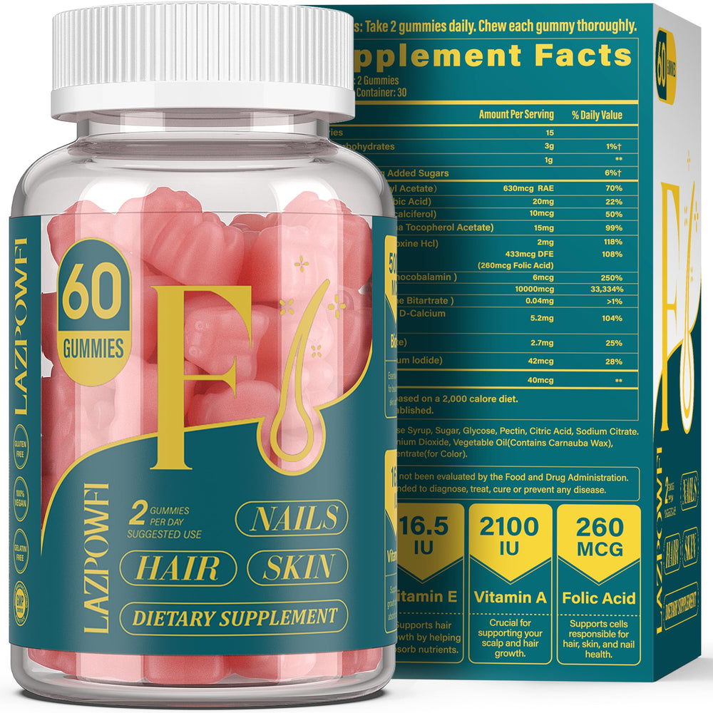 Lazpowfi Biotin Gummies bottle with raspberry flavor supports hair and nail nourishment.