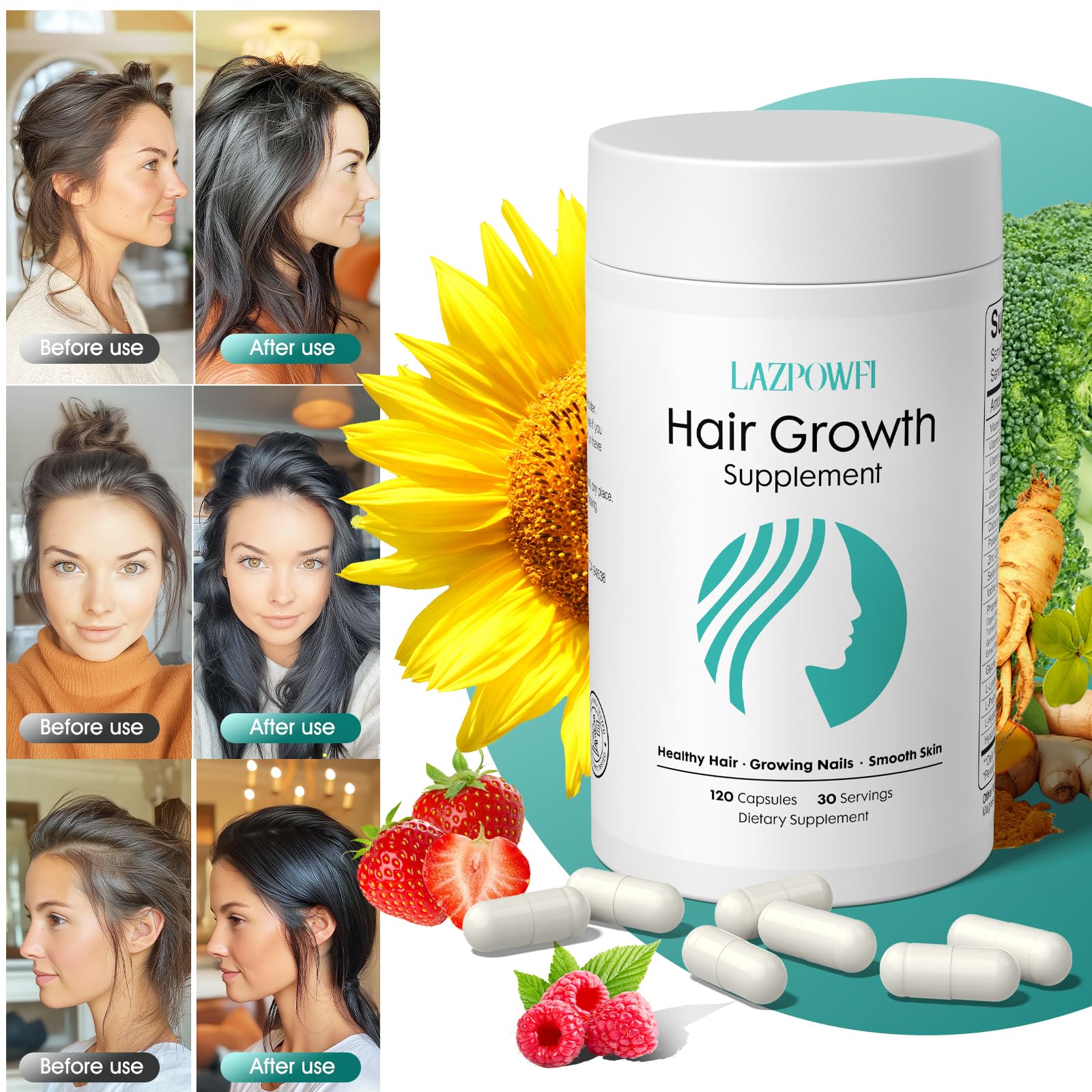 Lazpowfi bottle label focuses on the 30-in-1 formula for daily nourishment.