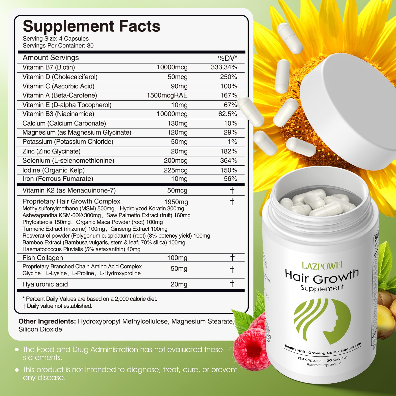 Lazpowfi capsules close-up highlighting biotin-rich formula for hair health