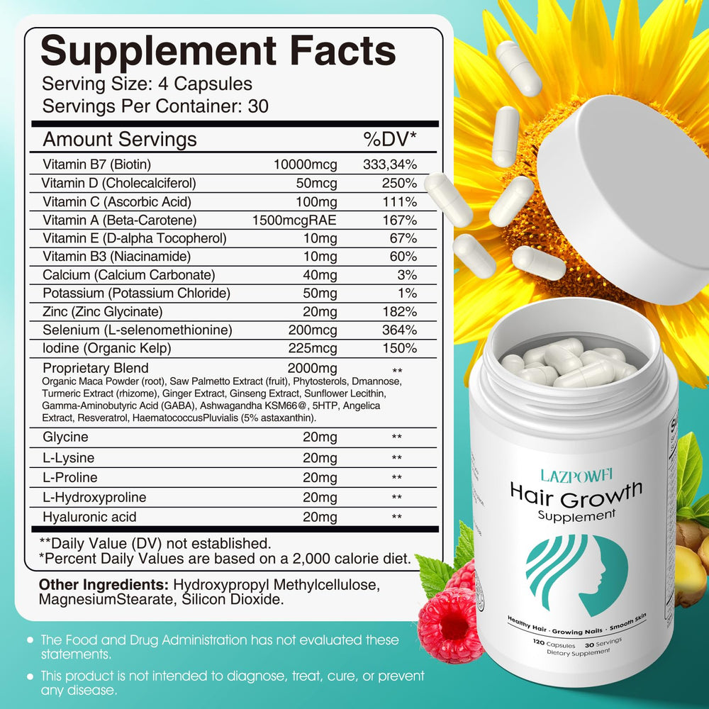 Lazpowfi capsules close-up highlighting biotin for hair and nails