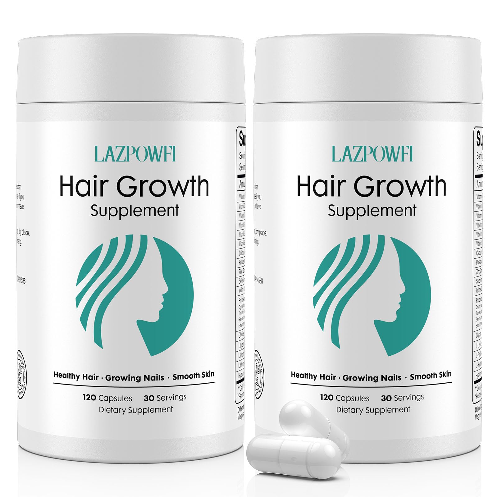 Lazpowfi hair growth bottle image shows the 60-serving bottle promoting healthy hair maintenance.