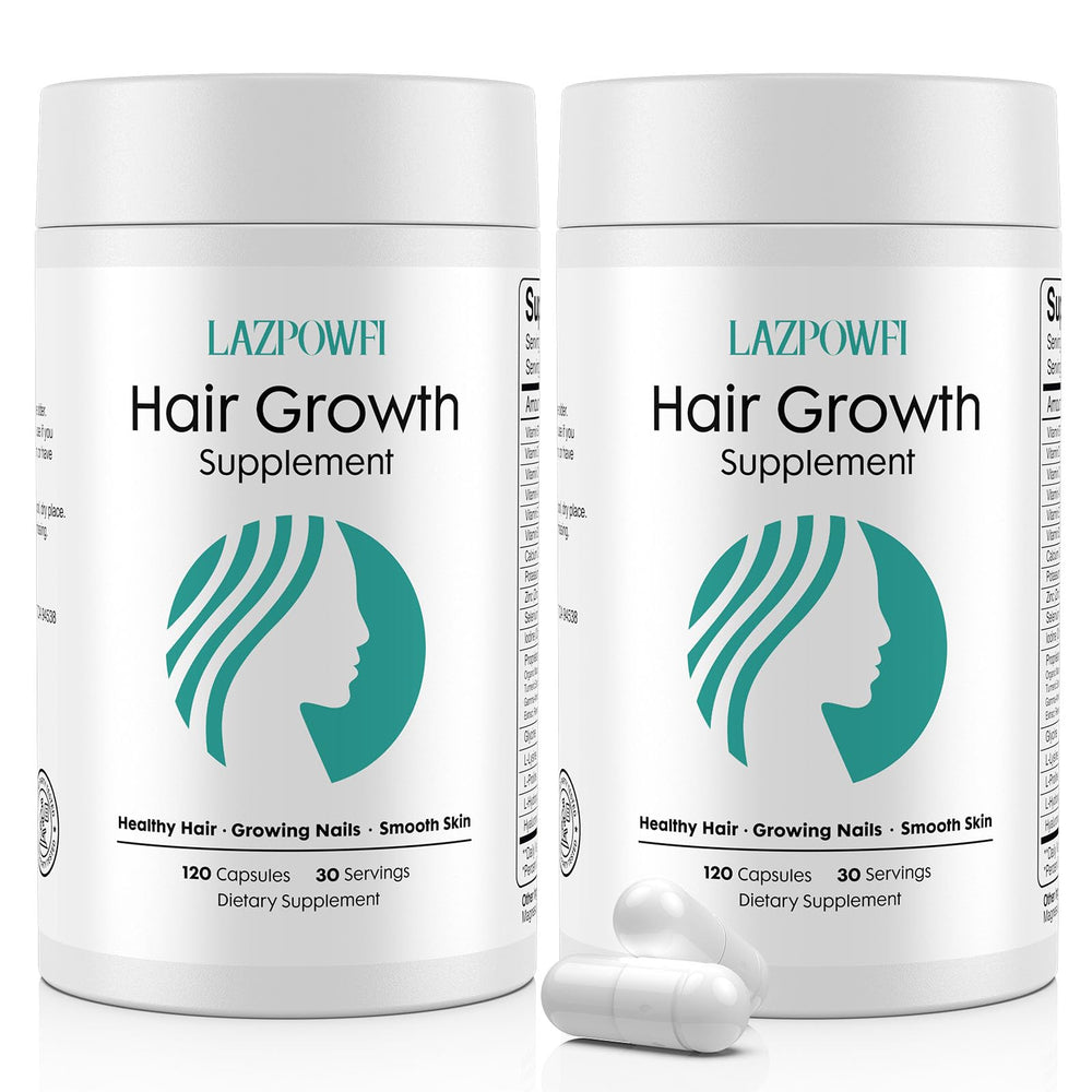 Lazpowfi hair growth bottle image shows the 60-serving bottle promoting healthy hair maintenance.
