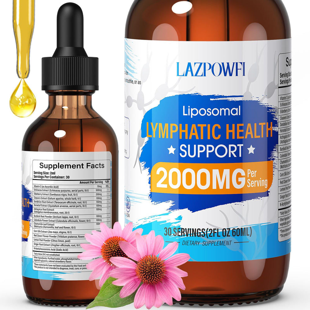 Lazpowfi liposomal lymphatic drops bottle close-up showing strawberry flavor