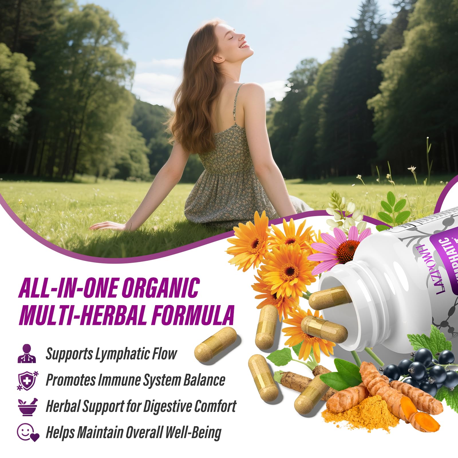 Lazpowfi Lymphatic Drainage capsules inside bottle—convenient, vegan capsules.