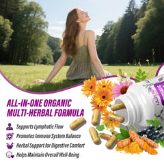 Lazpowfi Lymphatic Drainage capsules inside bottle—convenient, vegan capsules.