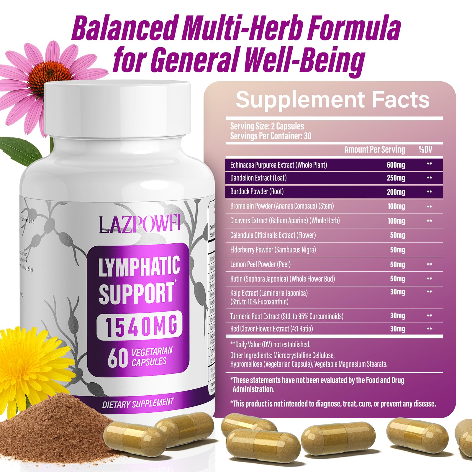 Lazpowfi Lymphatic Drainage capsules on palm, easy to swallow.