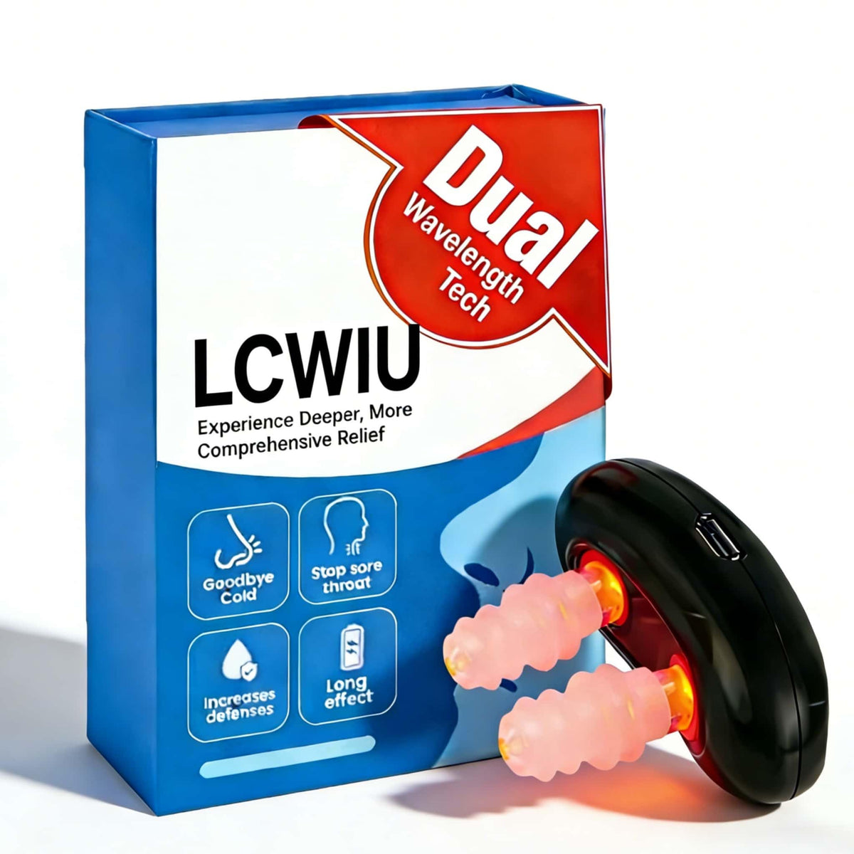 LCWIU red light nasal therapy device front view with gentle 650 nm glow