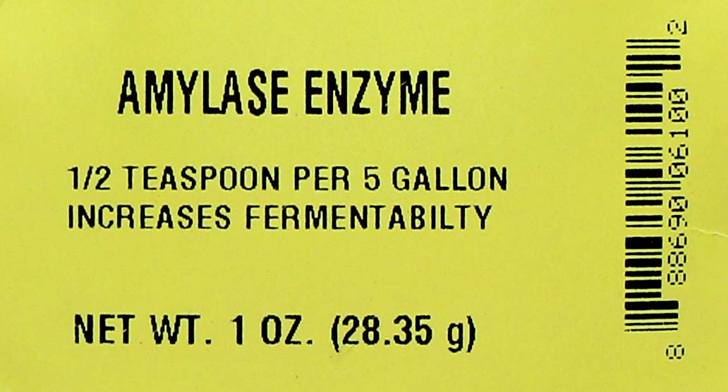 LD Carlson Amylase Enzyme label close-up for liquefaction during mashing.