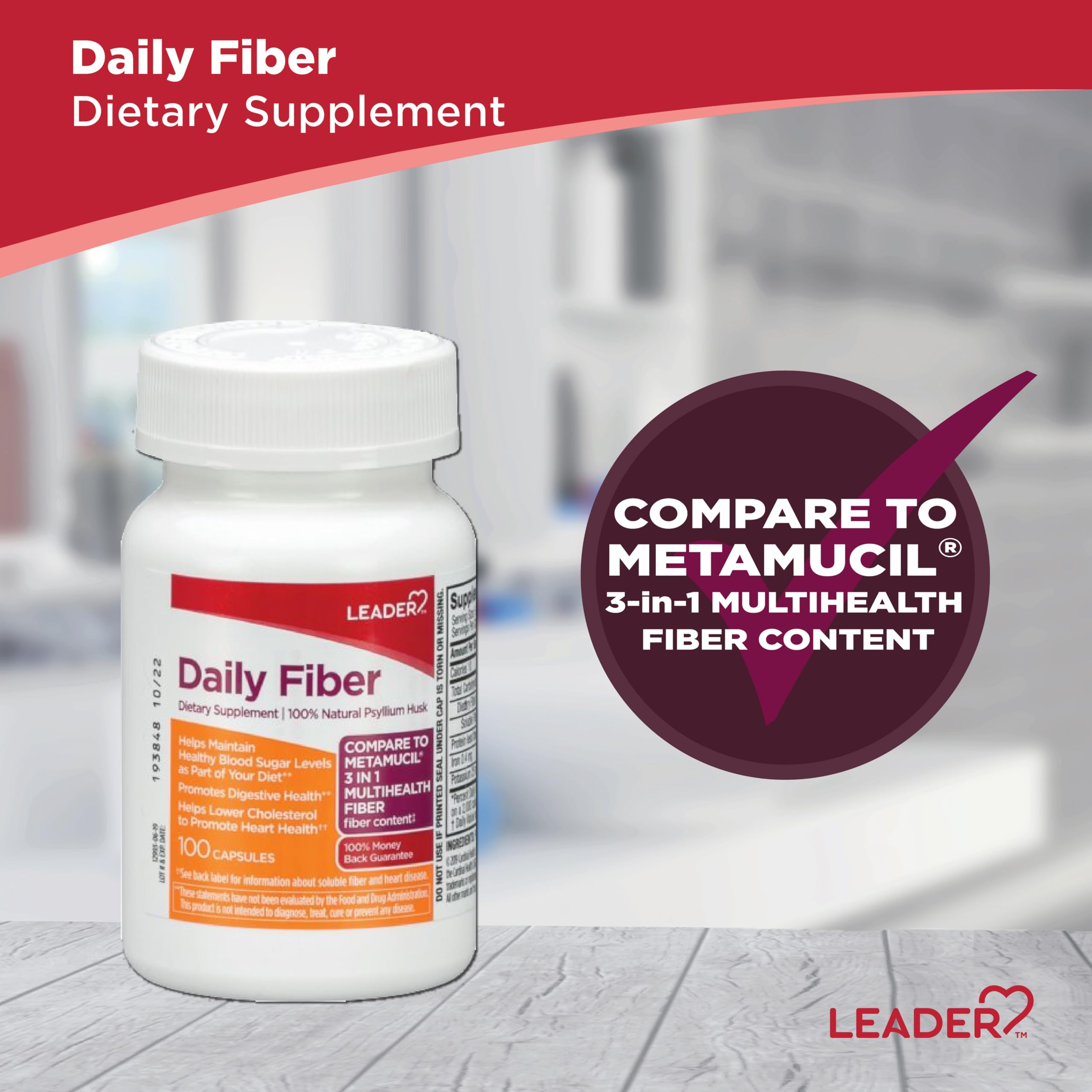 Leader Daily Psyllium Husk Powder packaging on shelf as gluten-free fiber option.