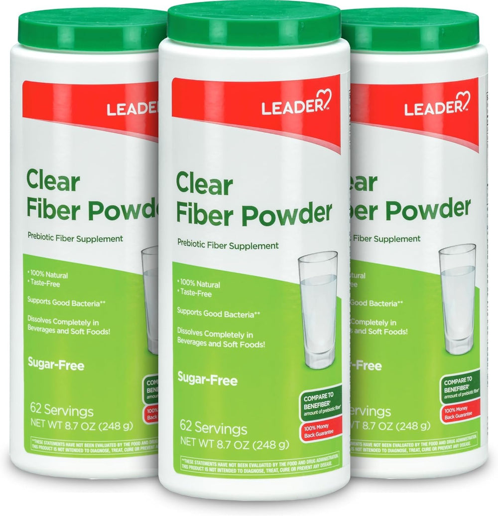 Leader prebiotic fiber powder dissolves clear in water for tasteless daily mix.