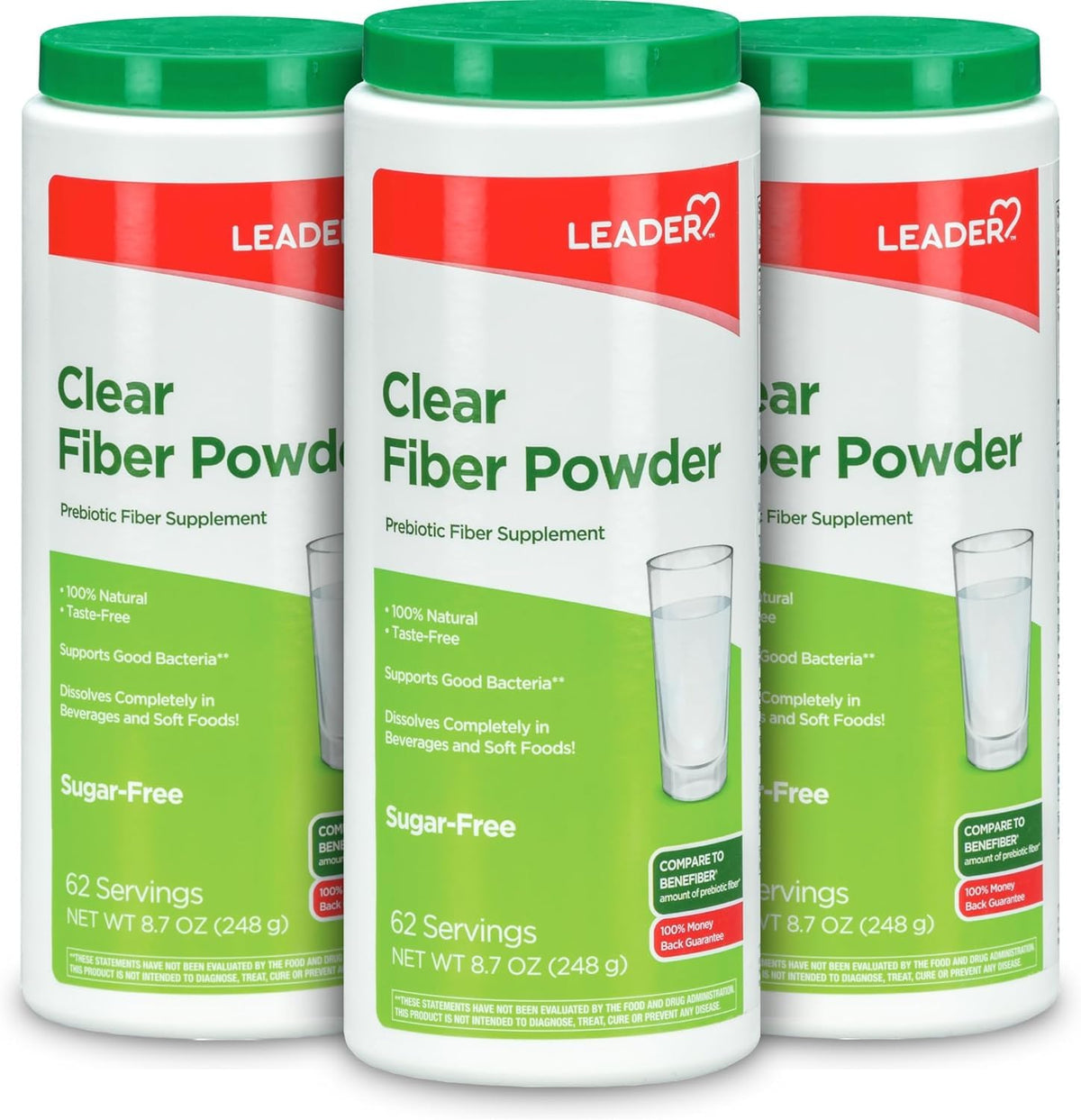 Leader prebiotic fiber powder dissolves clear in water for tasteless daily mix.