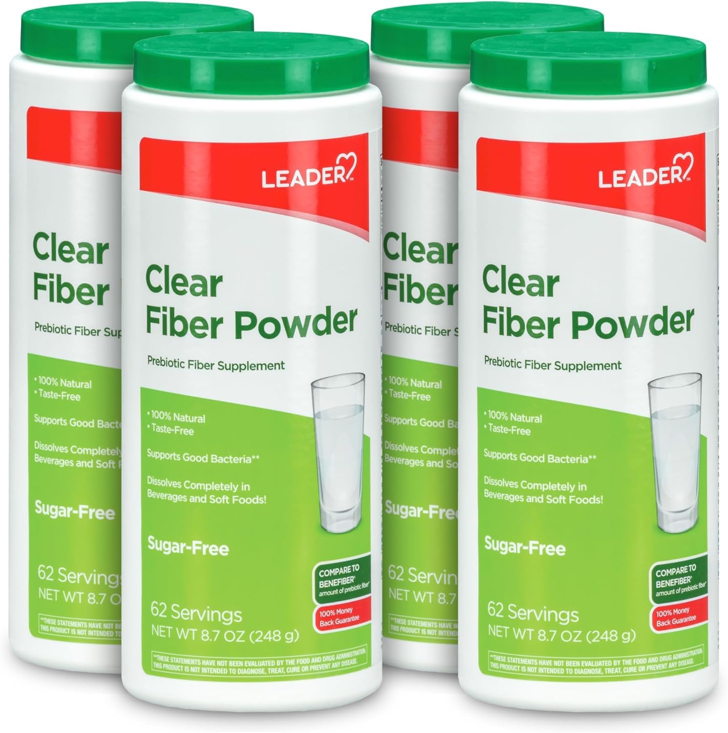 Leader Prebiotic Fiber Powder dissolves completely in water for a smooth, flavor-free daily boost.
