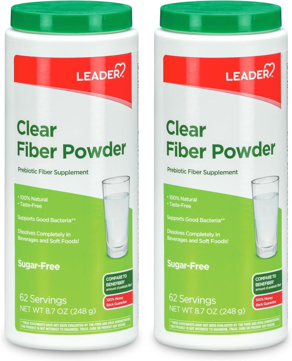 Leader prebiotic powder dissolves in water for a clear, grit-free daily fiber boost.