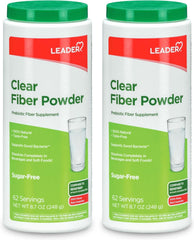 Leader prebiotic powder dissolves in water for a clear, grit-free daily fiber boost.