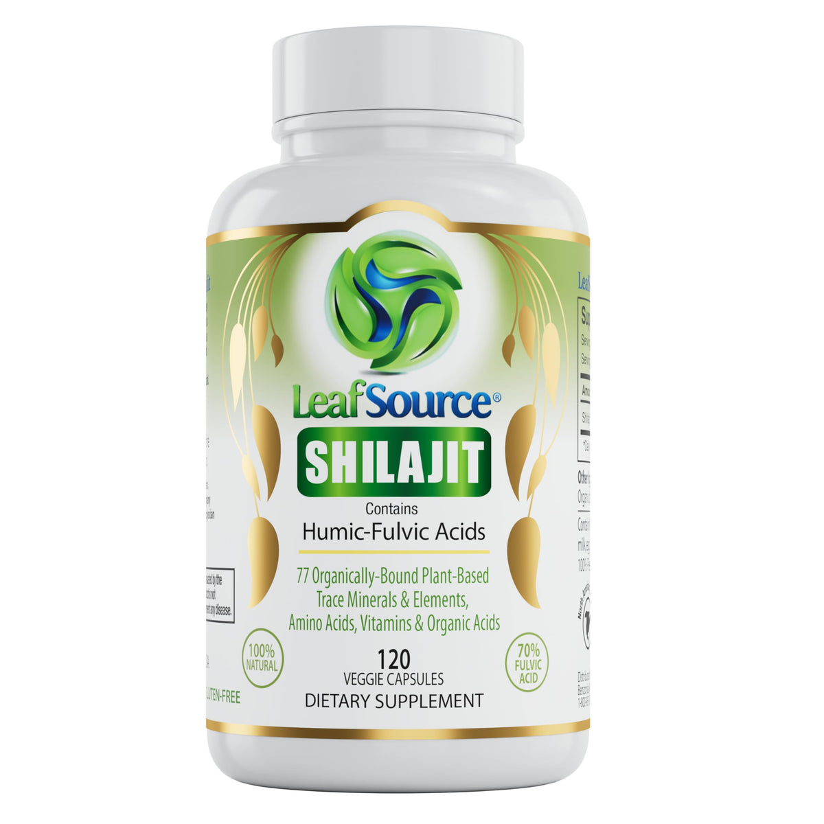 LEAFSOURCE Shilajit bottle front displaying energy support benefits