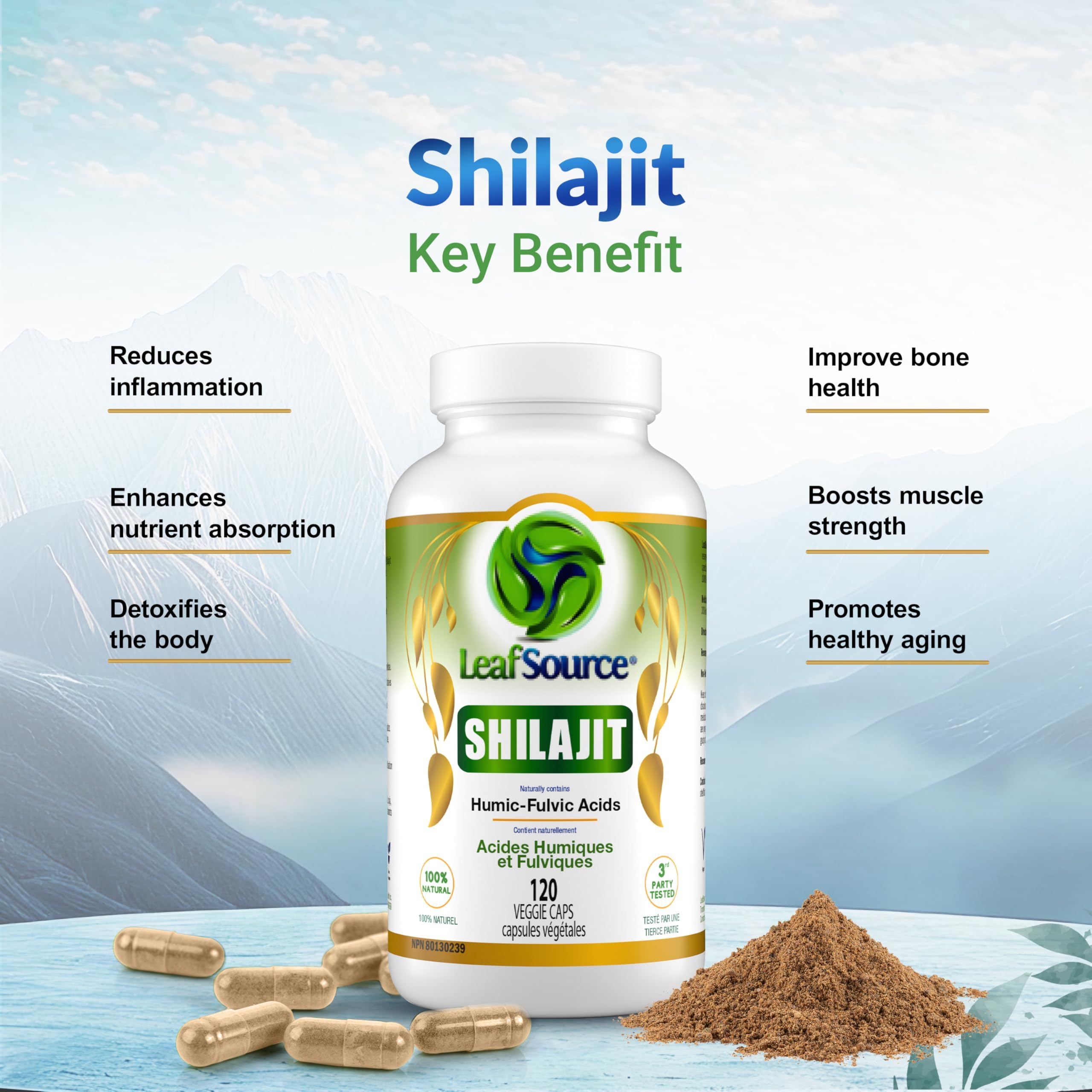 LEAFSOURCE Shilajit ingredients panel highlighting minerals, amino acids, and vitamins