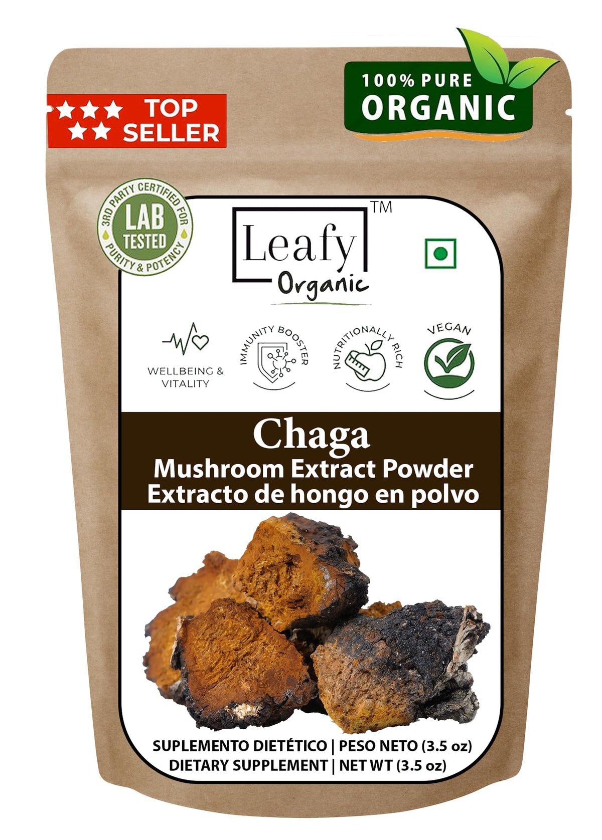 Leafy Organic Chaga powder in charcoal color, ideal for teas and smoothies with earthy flavor