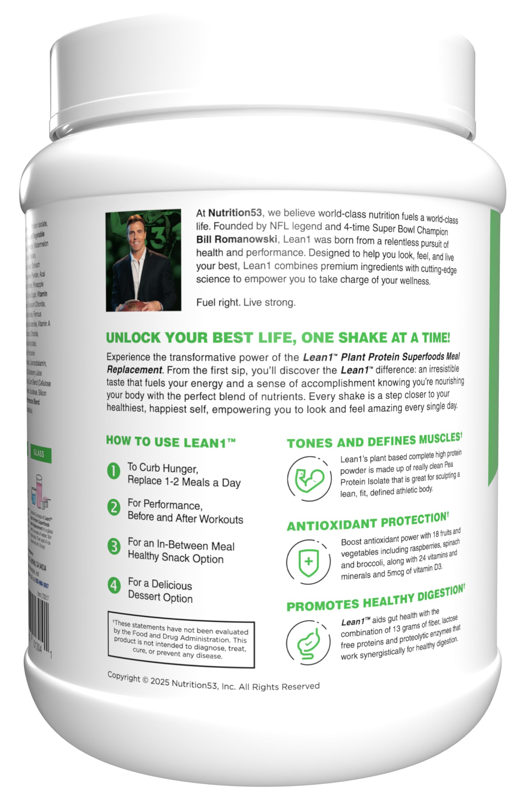 Lean1 container featuring 18 superfoods for wellness and antioxidant support.