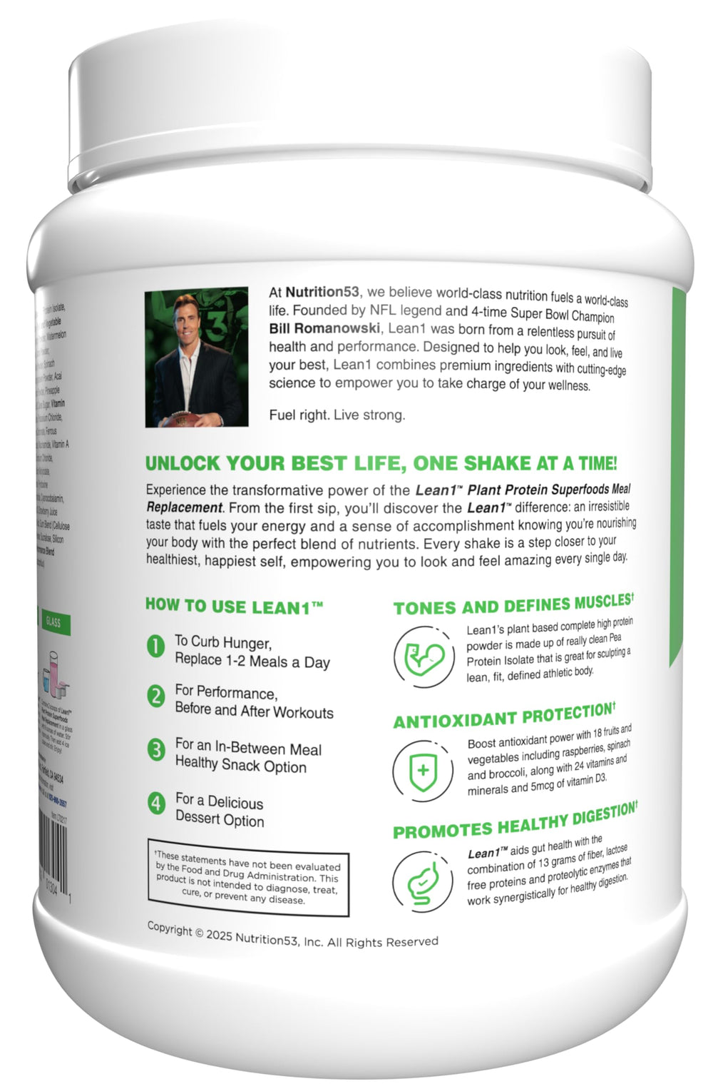 Lean1 container featuring 18 superfoods for wellness and antioxidant support.