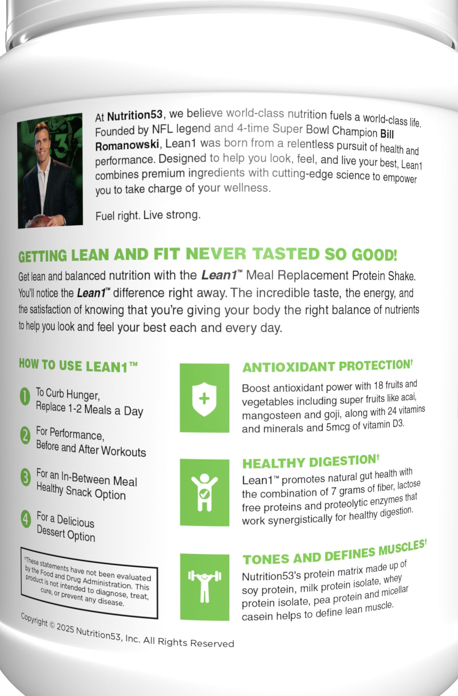LEAN1 antioxidant blend with acai and goji suggests immune support potential.