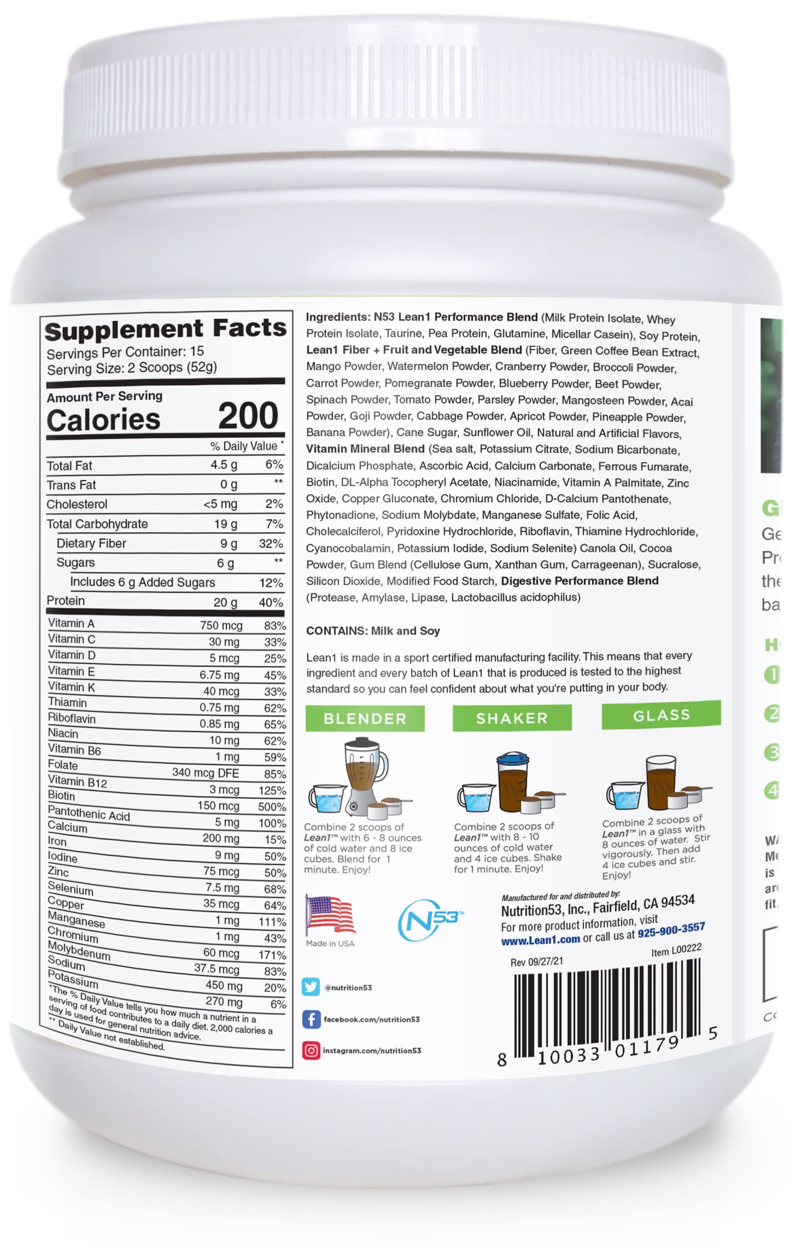 LEAN1 Chocolate Mint tub label showing protein and fiber blend for satiety