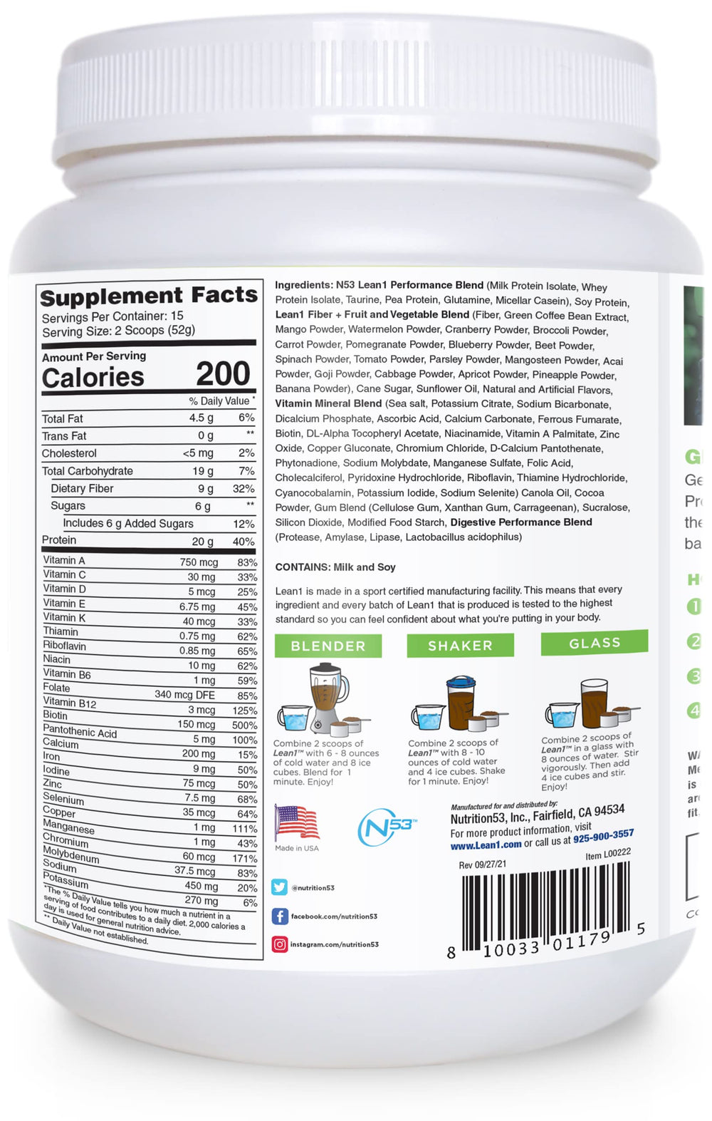 LEAN1 Chocolate Mint tub label showing protein and fiber blend for satiety