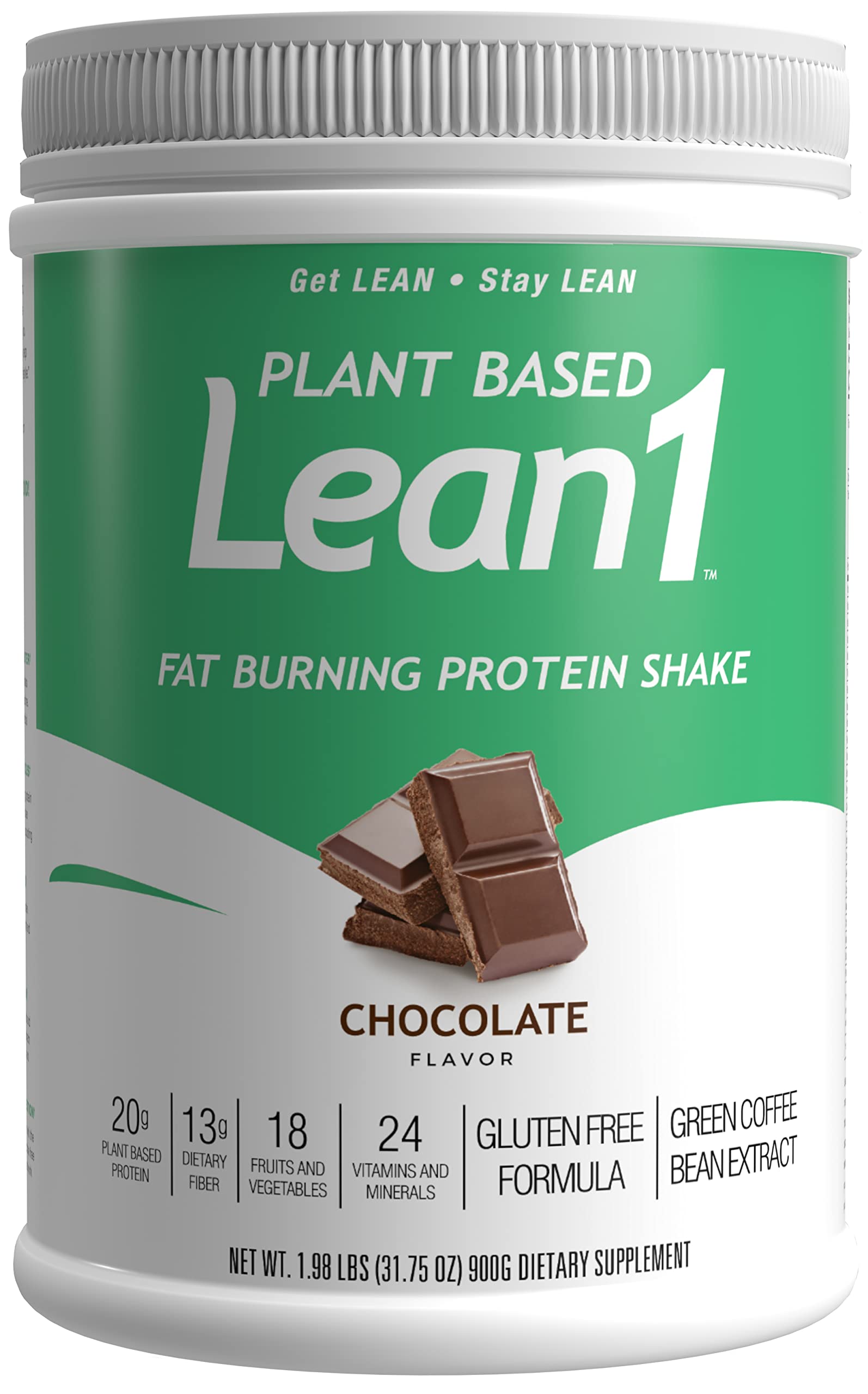 LEAN1 chocolate meal replacement tub front, ideal for on-the-go meals.