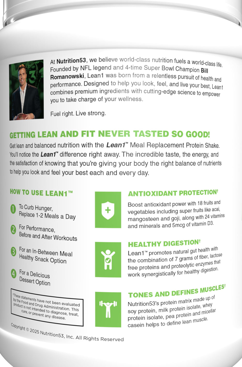 LEAN1 complete protein matrix includes soy, milk, whey, pea, and casein.