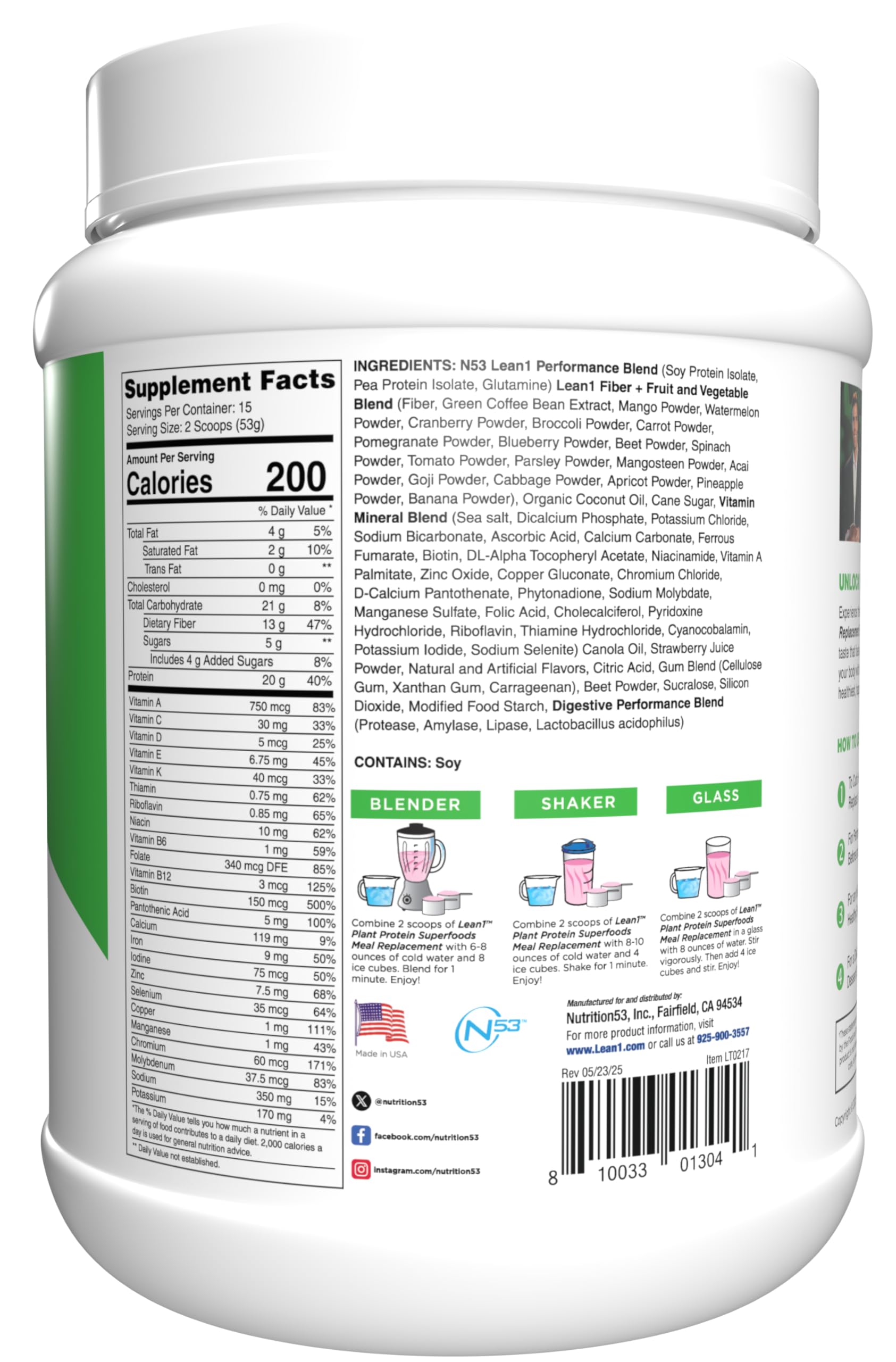Lean1 meal replacement scooper beside a prepared shake for a balanced meal.