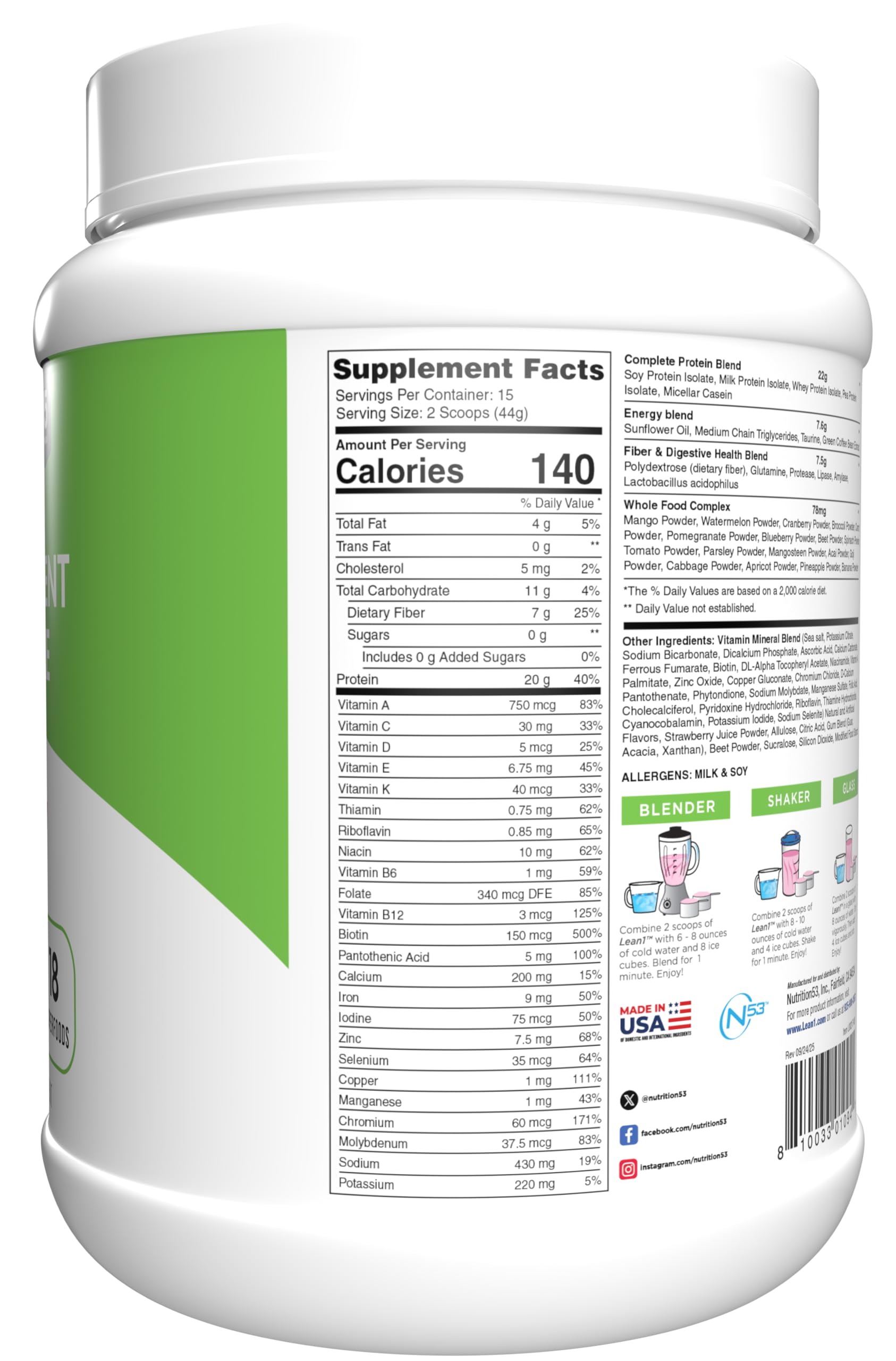 LEAN1 meal replacement strawberry tub back showing vitamins and minerals.