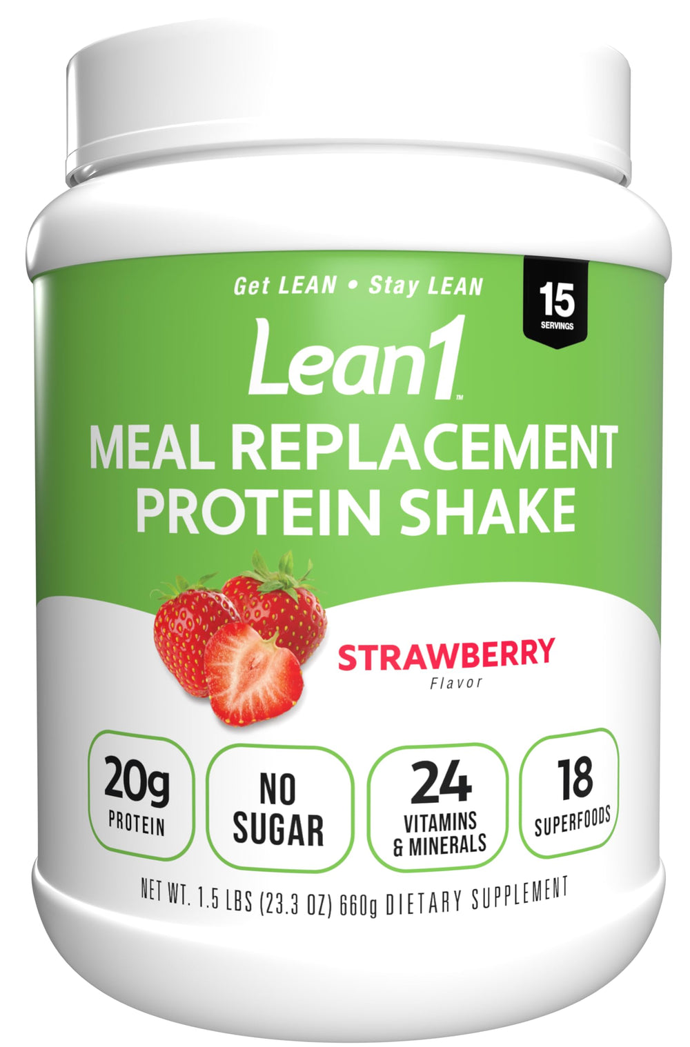 LEAN1 meal replacement strawberry tub front for daily shake convenience.