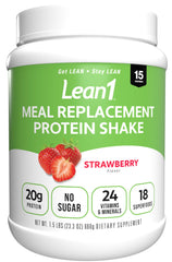 LEAN1 meal replacement strawberry tub front for daily shake convenience.