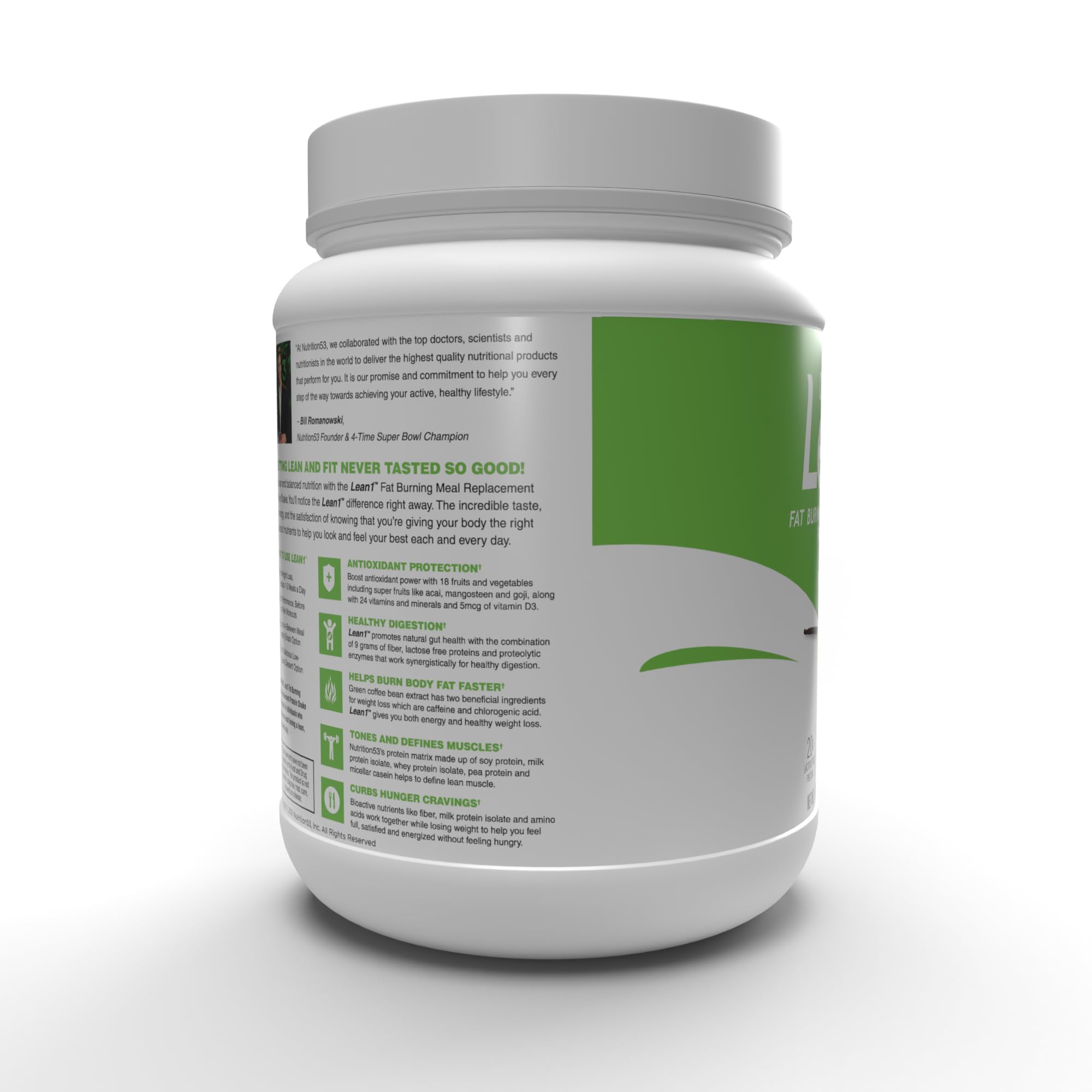LEAN1 vanilla shake packaging emphasizes gluten-free and non-GMO assurances