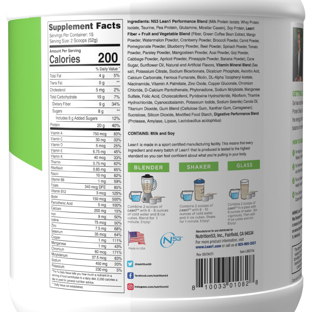 LEAN1 Nutrition53 Lean1 vanilla shake tub back highlights vitamins and minerals