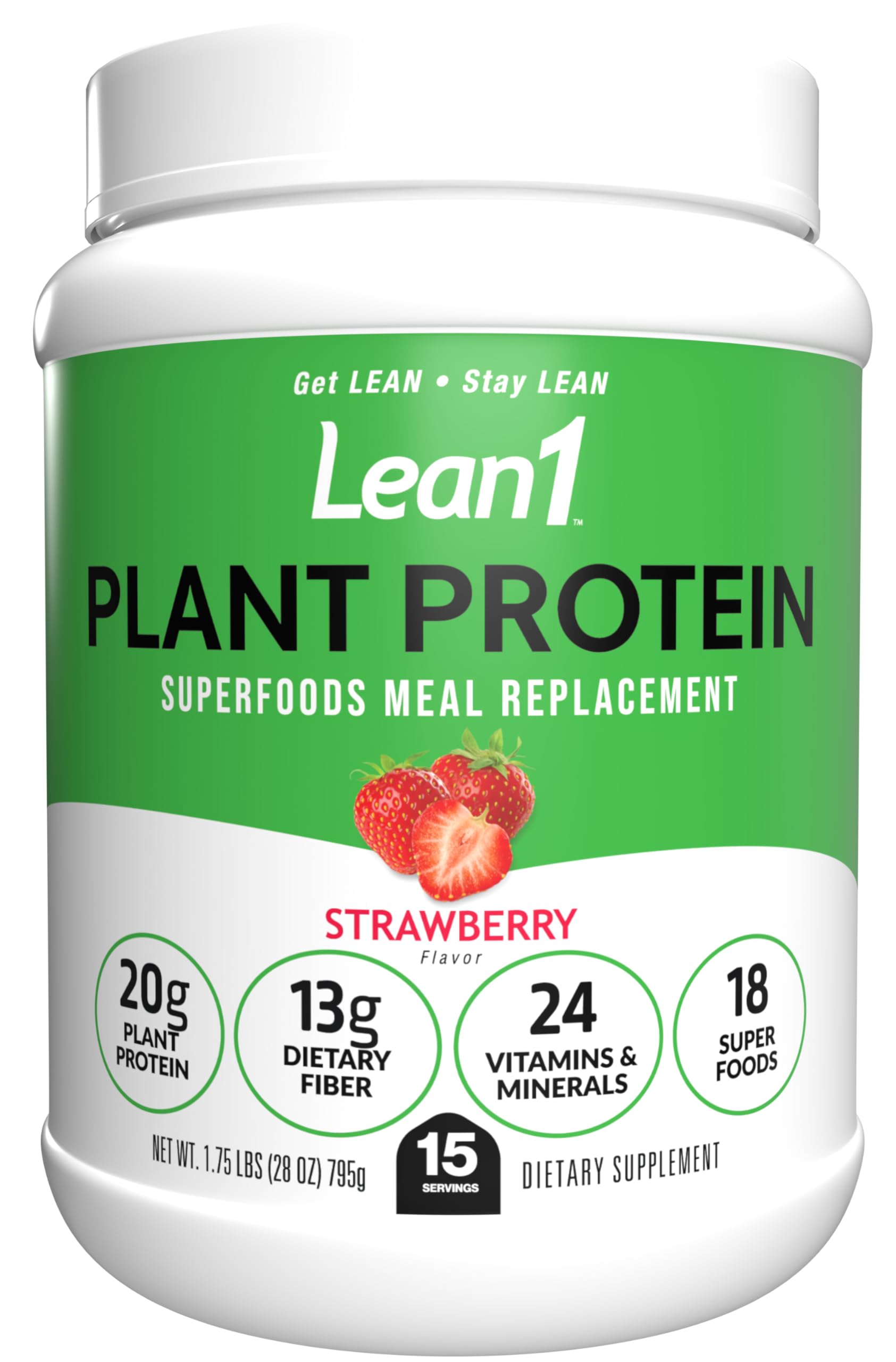 Lean1 plant-based strawberry protein powder in a resealable bag for everyday shakes.