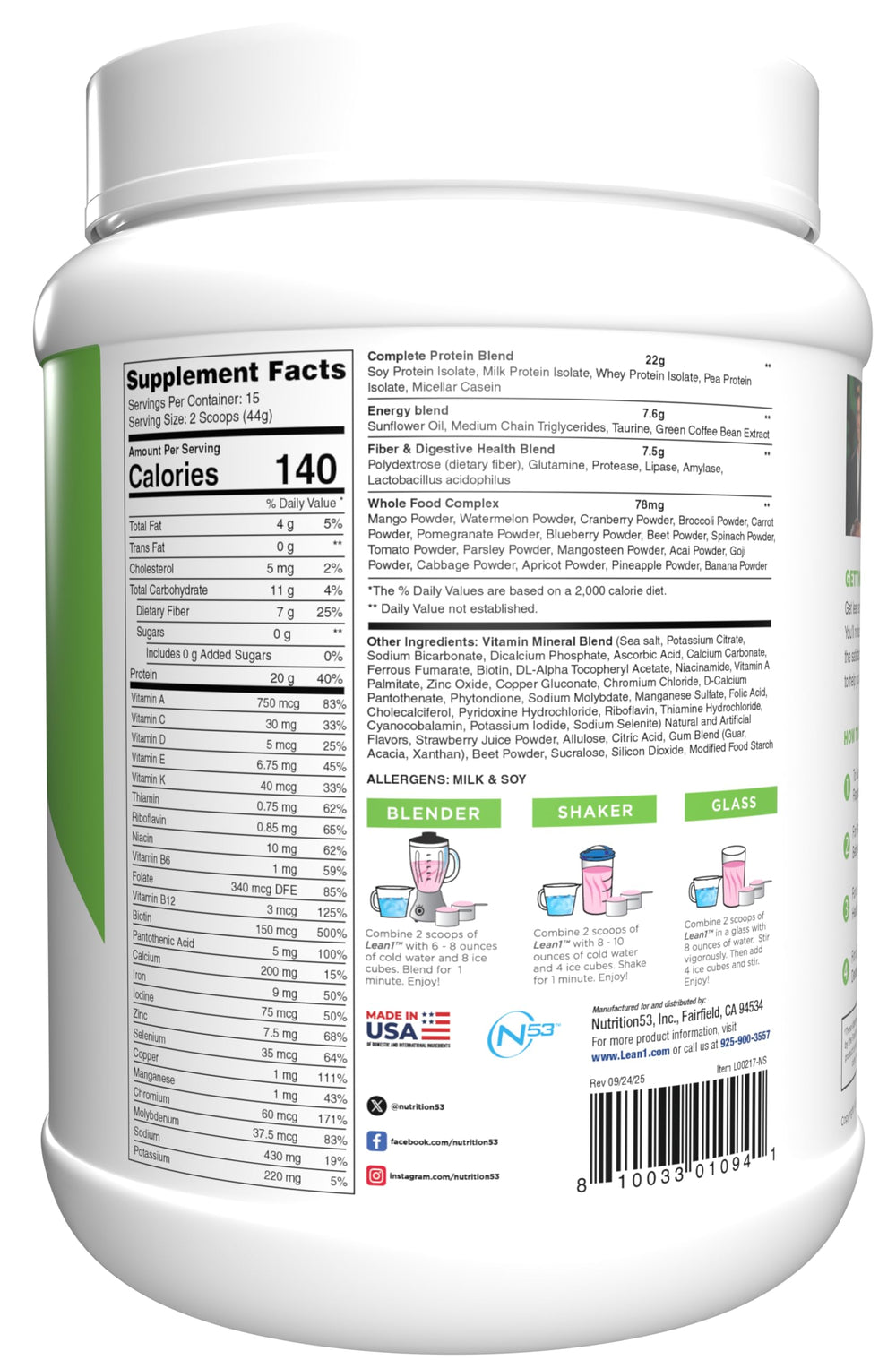 LEAN1 strawberry-flavored powder being poured for pre- or post-workout use.