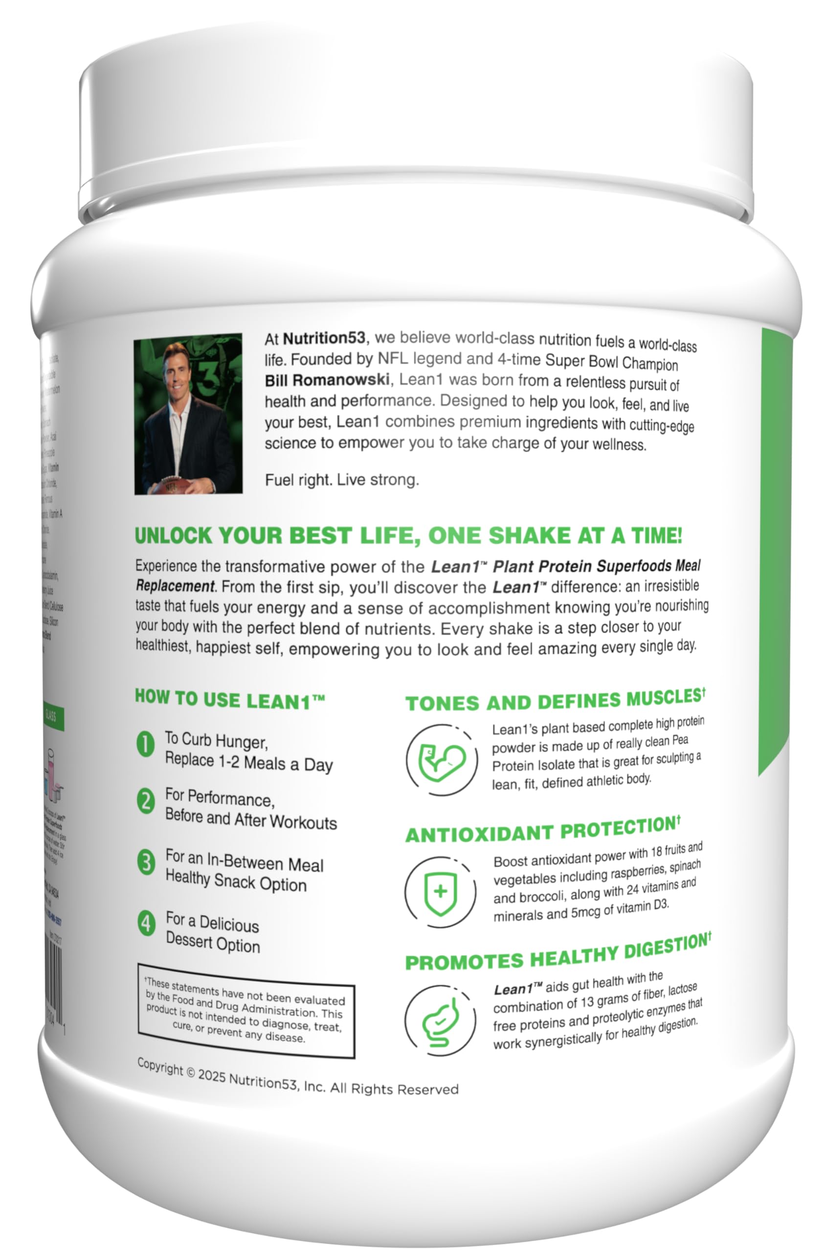 Lean1 strawberry protein powder with scoop showcases dessert-like snack option.