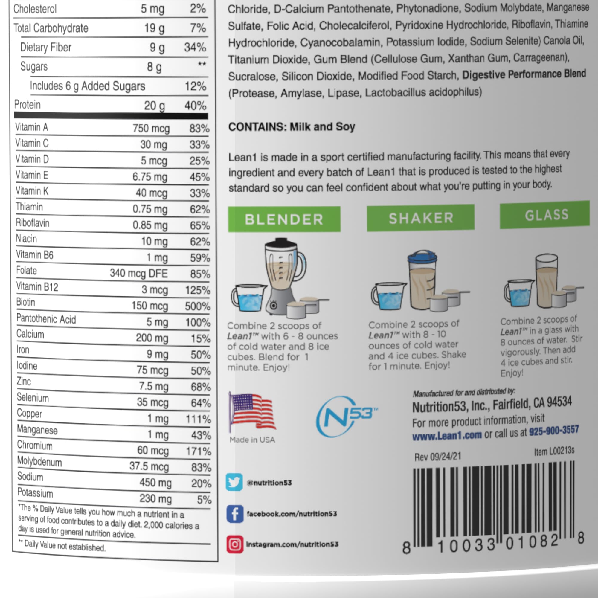 LEAN1 vanilla nutrition panel highlighting protein and fiber content.