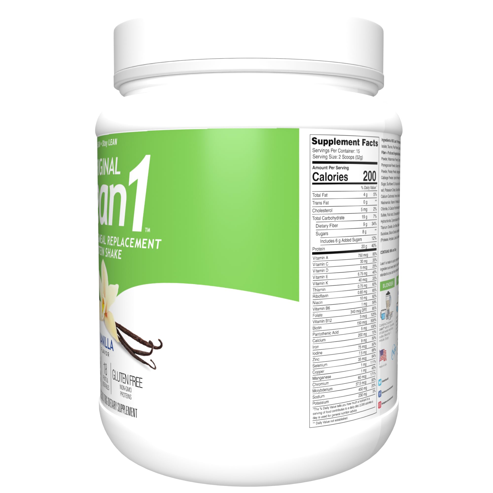 LEAN1 vanilla packaging detail showing 200 calories per serving.