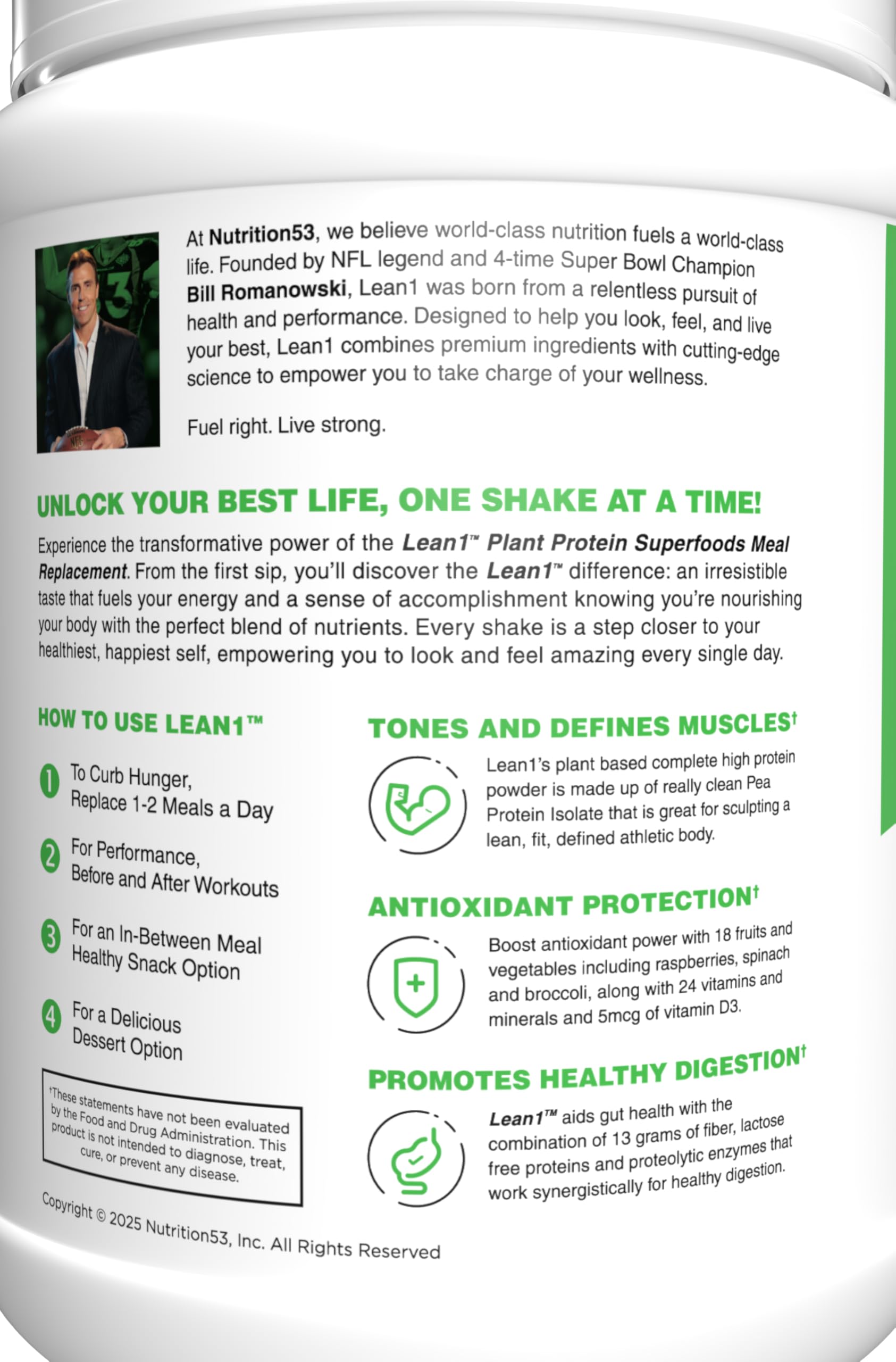 Lean1 bottle showing vitamins and minerals for daily metabolism support.