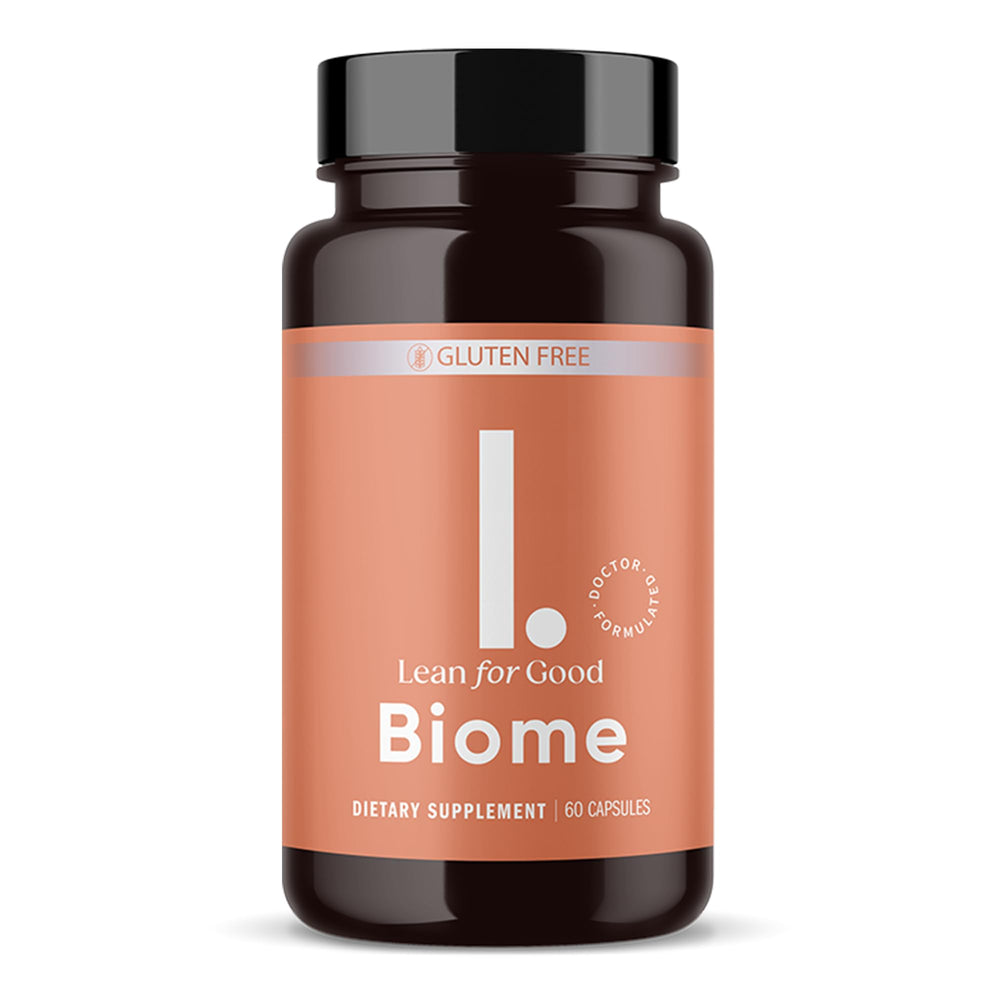 LEANFORGOOD Biome bottle front shows a 9-strain probiotic blend for gut balance