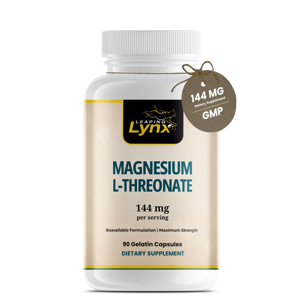 Leaping Lynx Magnesium L-Threonate 144 mg bottle with capsules for brain support.