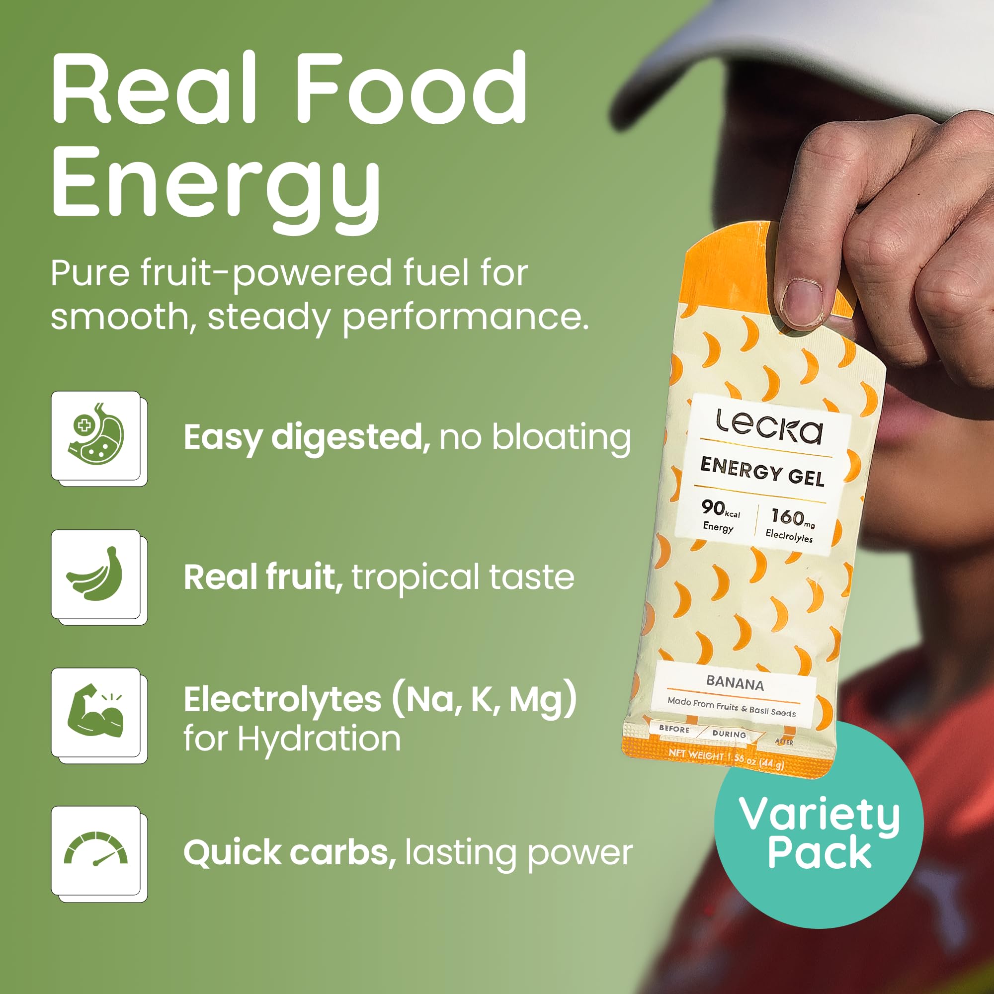 Lecka Energy Gel with banana and passion fruit flavors ideal for on-the-go energy