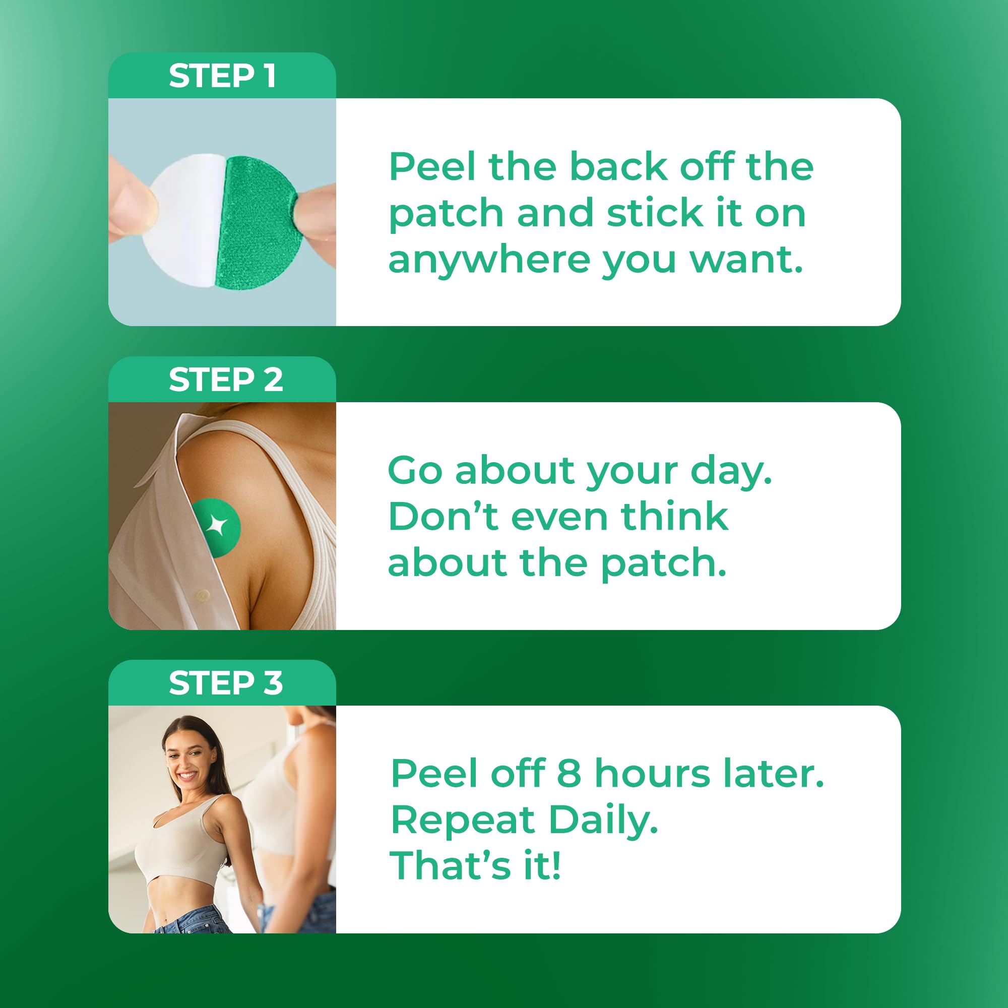 Ledisa Unpuff Patch worn on skin for 8 hours daily.