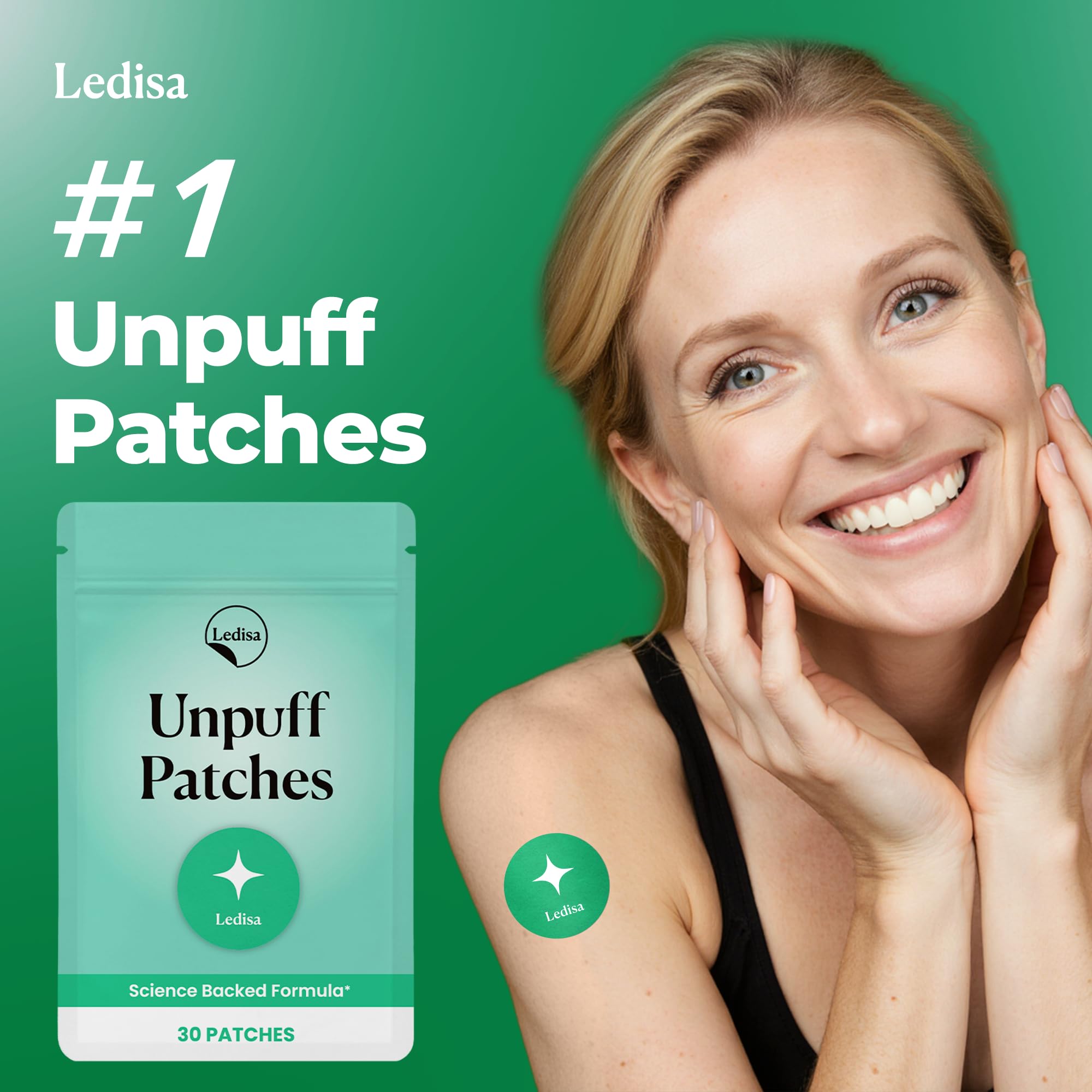Ledisa patch highlighting natural dandelion-ginger formula for water retention.